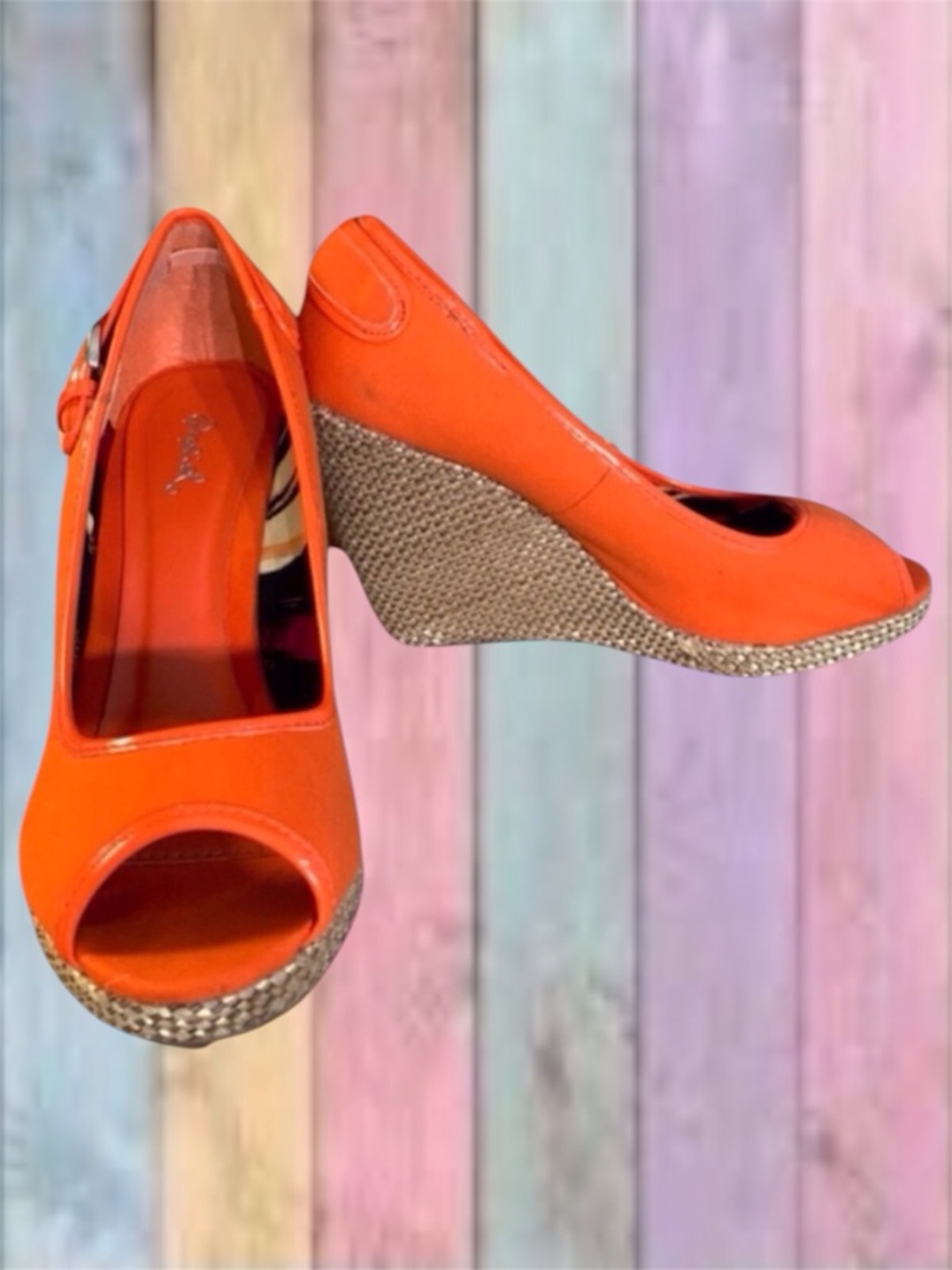 Qupid Orange Canvas Open Toe Wedge Shoes